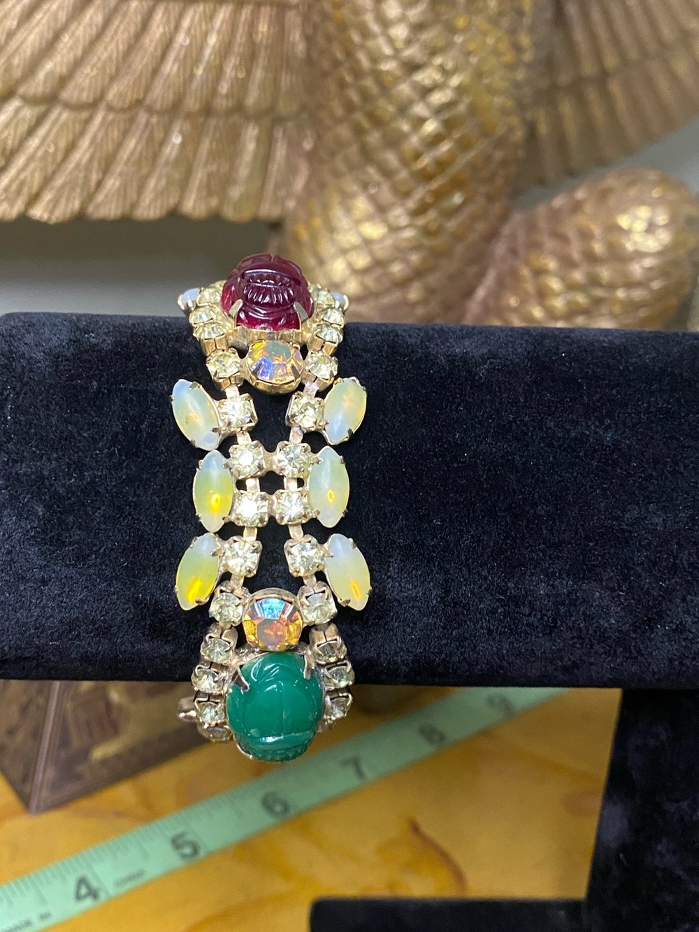 Vintage Multicolor Cabochon scarab Bracelet - Green, Red, Opalescent
